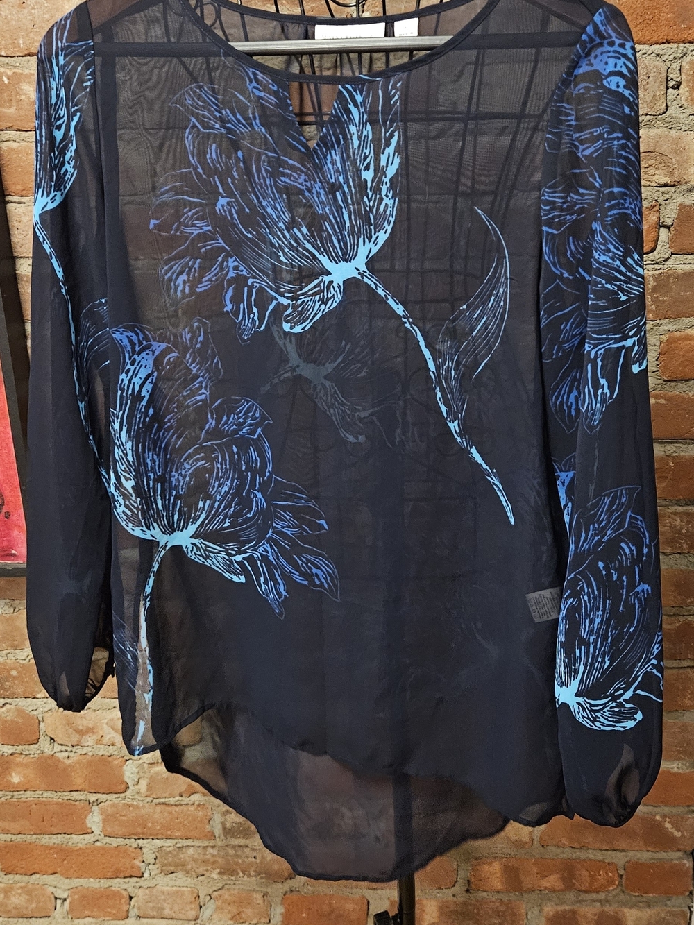 Sheer High Low Black Blouse with Vibrant Blue Floral Print - Women's Top